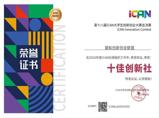 喜报丨我校晨蚁创新创业联盟获ICANLab创新社全国十佳社团荣誉称号